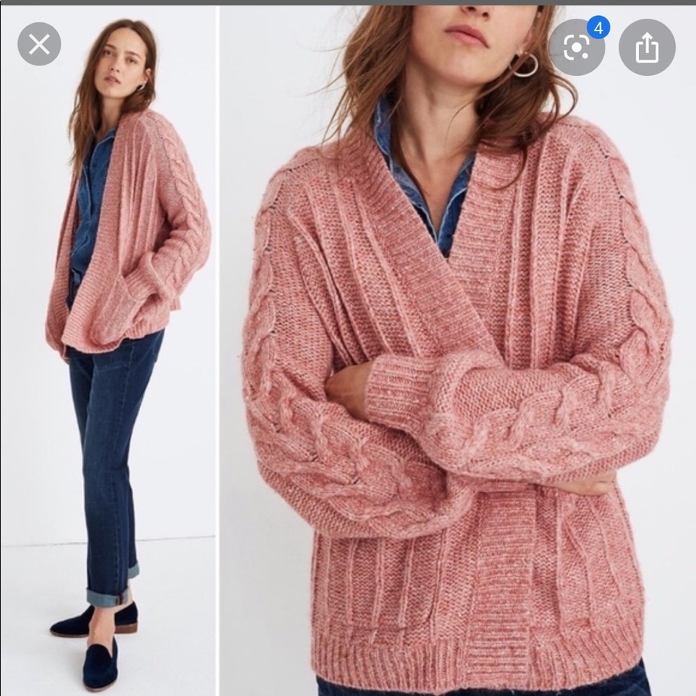 MADEWELL Pink Bubble Sleeve Cable Knit Cardigan